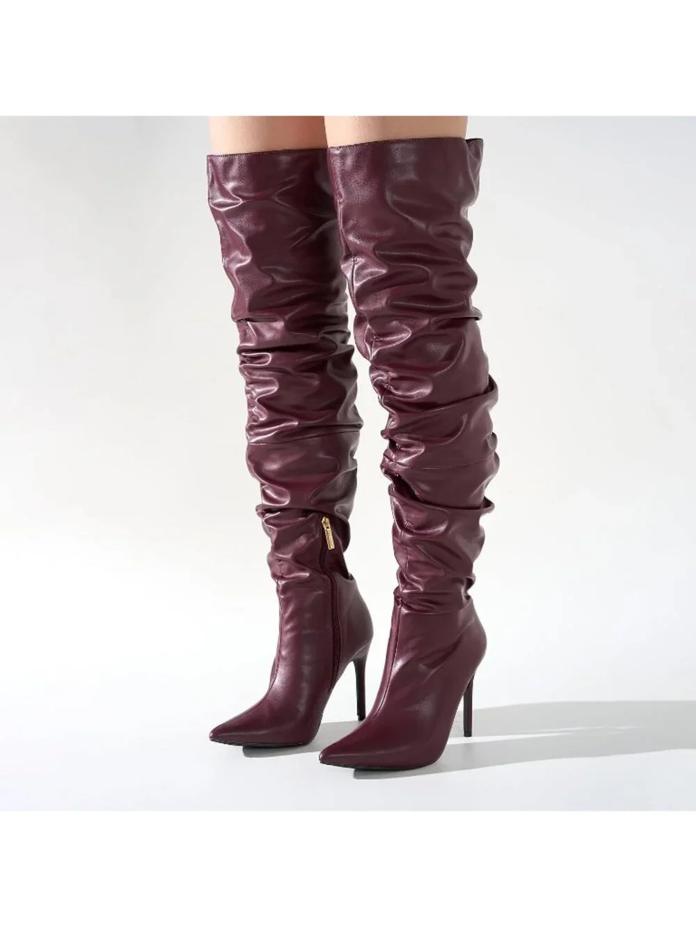 Women Burgundy Pointed Toe Thigh High Stiletto Heels Slouchy Over-the-Knee Boot